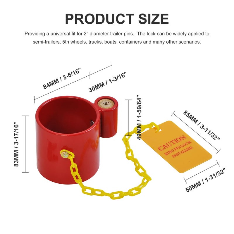 WINTOOLS Heavy Duty Steel Kingpin Lock Wheel Trailer Lock King Pin Red with Bright Yellow Caution Tag - Image 5